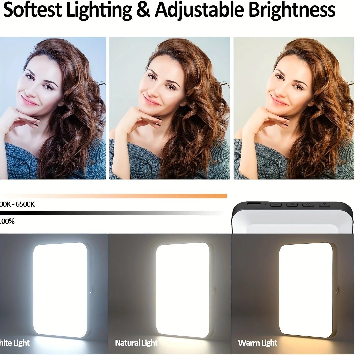 1pc Rechargeable Magnetic LED Selfie Light,3 Modes Dimmable Light,3000mAh,120LEDs,Clip-On for Phone/ Laptop/ PC,Makeup,Video